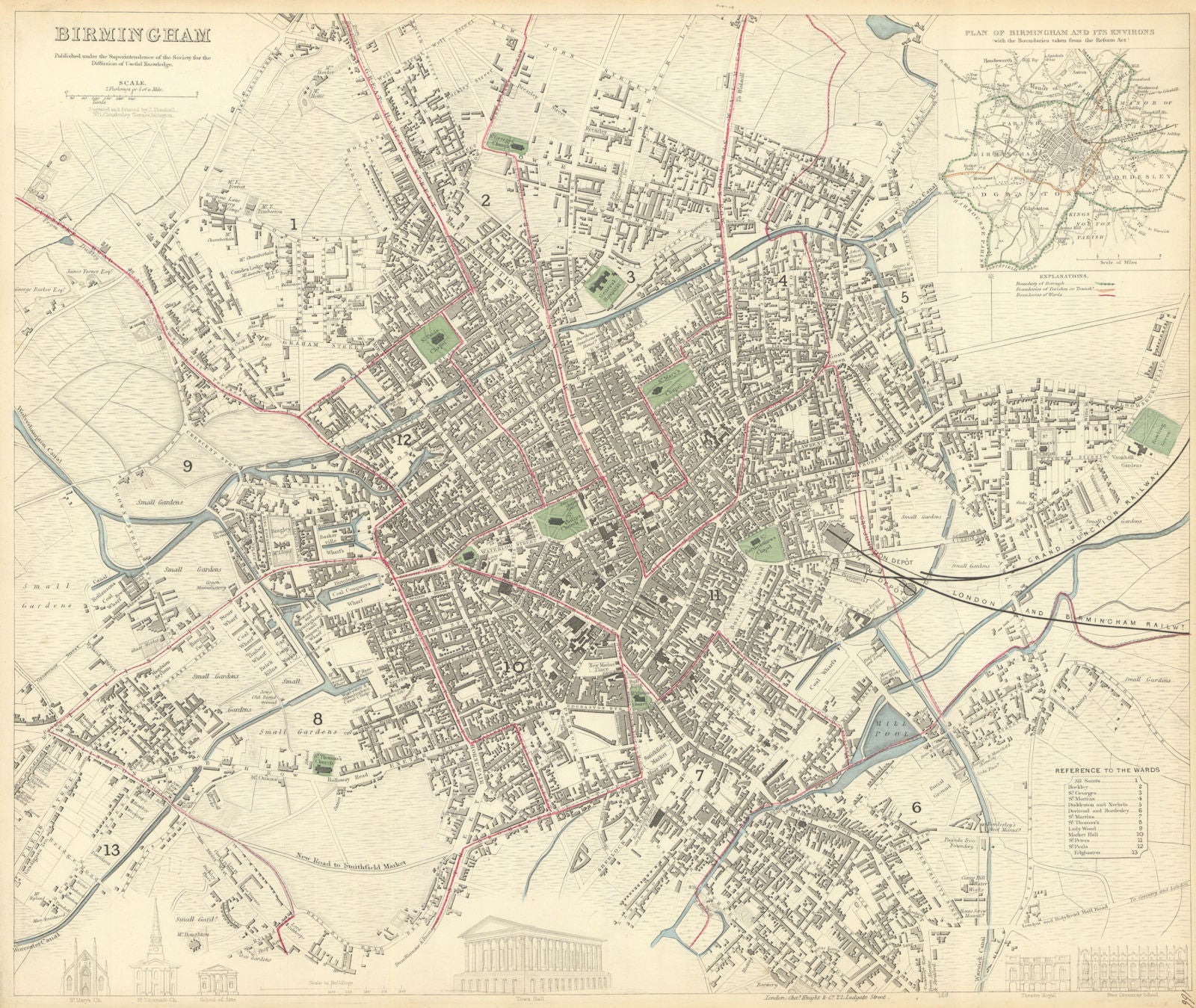 BIRMINGHAM. Antique town city map plan. Inset environs of Birmingham. SDUK 1847